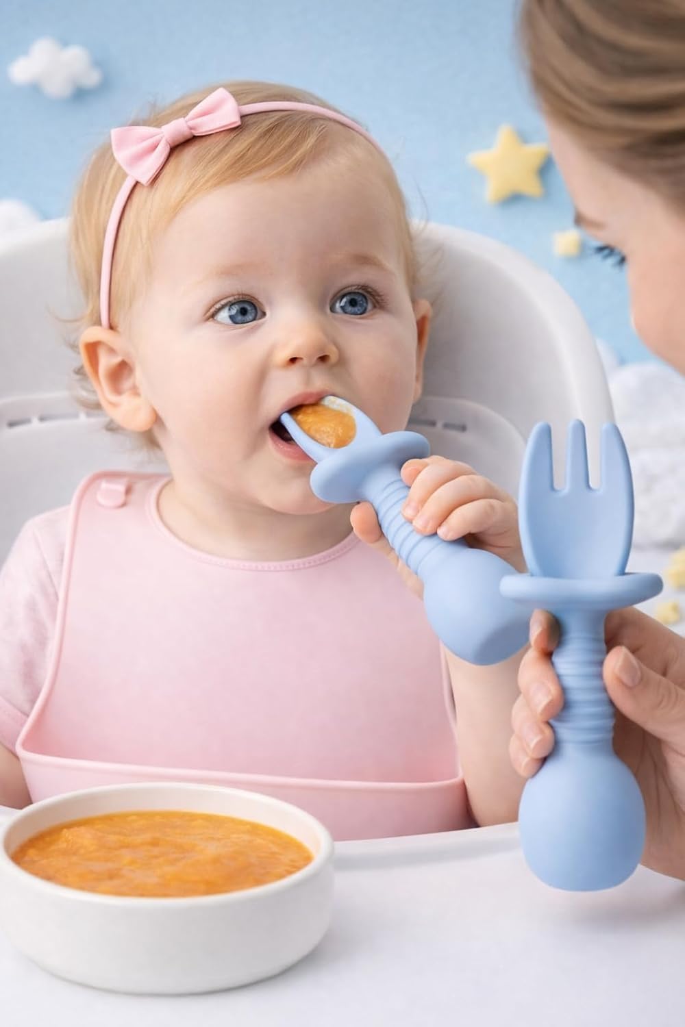 UCRAVO Silicone Baby Self Feeding Spoon and Fork Set for Babies | BPA Free Toddler Training Spoon Fork | Anti Choke Guard Baby Feeding Utensils Baby Led Weaning Spoon Set for Infants & Toddlers Blue