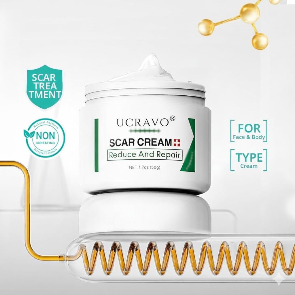 UCRAVO Scar Cream for Face & Body Advanced Scar Removal Cream for Old & New Scars Acne Scars, Stretch Marks, Burn Marks, Surgical Scar Repair Cream Fast Absorbing Non Greasy Skin Repair Formula (50g)