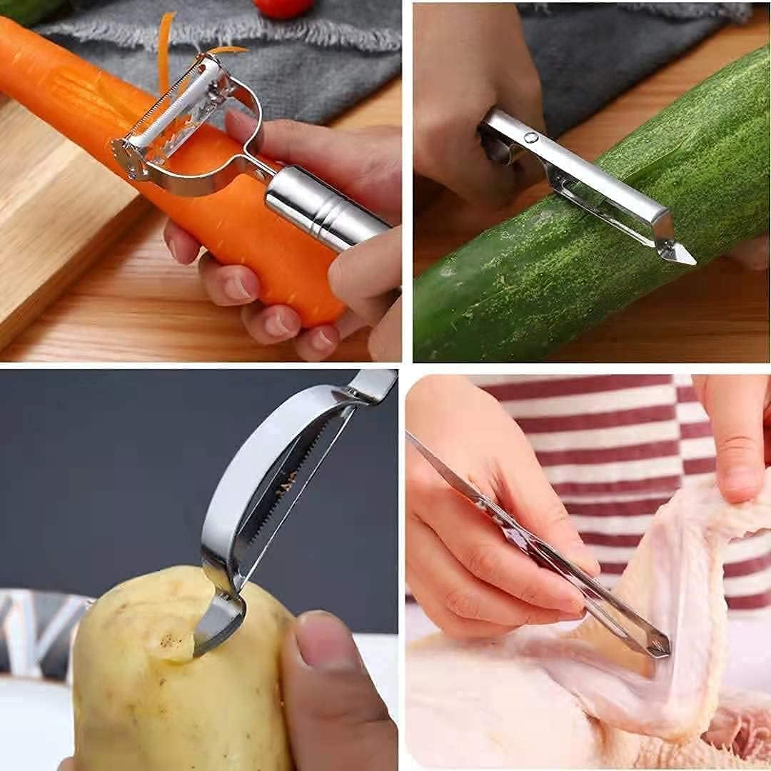 UCRAVO Premium Stainless Steel Vegetable Peeler, Julienne Cutter & Fruit Knife Set for Kitchen | 3-in-1 Multi Functional Peeler for Potato, Carrot, Fruits | Sharp Blade, Rust-Free, Dishwasher Safe