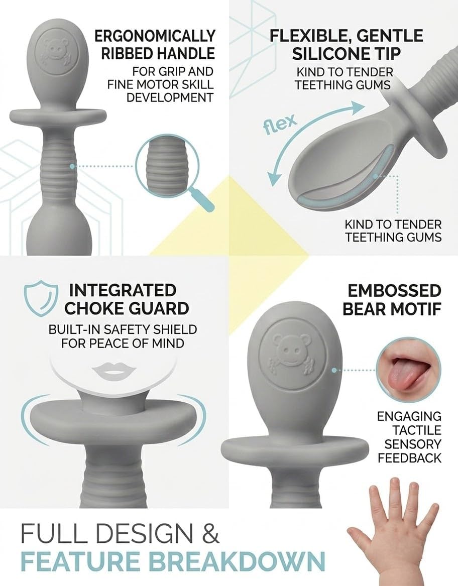 UCRAVO Silicone Baby Spoon Fork Set for Self Feeding | BPA Free Baby Training Utensils | Anti Choke Guard Baby Feeding Spoon & Fork | Baby Led Weaning Utensils for Infants Toddlers Kids (Grey)