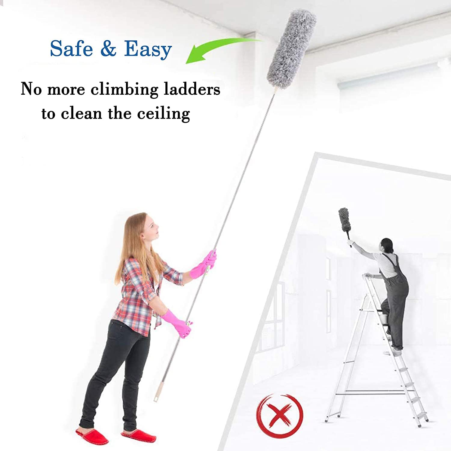 UCRAVO 3 in 1 Microfiber Feather Duster Set with 100 Inch Extendable Pole | 4 PCS Bendable Washable Fan Cleaning Brush for Ceiling Fans, High Ceilings, Cobwebs, Furniture, Walls & Home Dusting