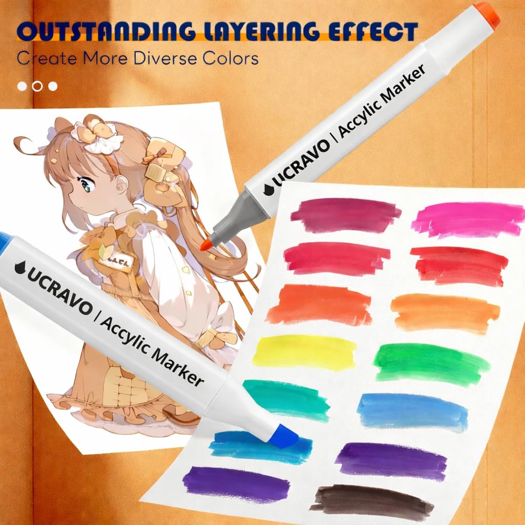 UCRAVO Acrylic Marker Dual Tip Paint Pens Set of 48 Brush Tip & Ultra Fine Tip Highly Pigmented,Quick Dry,Non-Toxic Acrylic Paint Markers for Canvas,Rock Painting,Wood,Glass,DIY Crafts & Art Projects