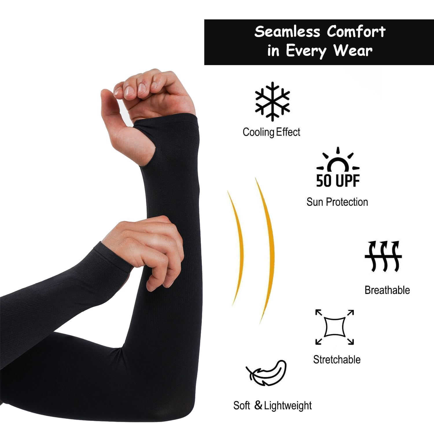 UCRAVO Sun Protection Arm Sleeves for Men & Women with Thumb Hole, Arm Covers for Biking,Gym Workout,Driving & Outdoor Activities,Elastic Breathable Sports Sleeves for All-Day Comfort (Black, 1 Pair)