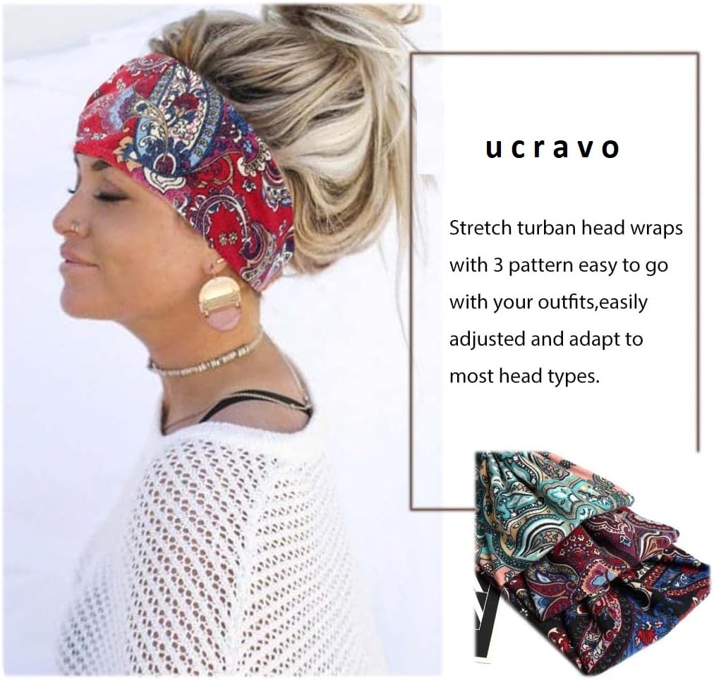 UCRAVO Boho Headbands Wide Knot Hair Band Elastic Turban Head Band Stretch Leopard Twist Head Wraps Cloth Yoga Sweartband Fashion Hair Accessories for Women Girls Wide Hair Wrap Extra Turban (2 pack)