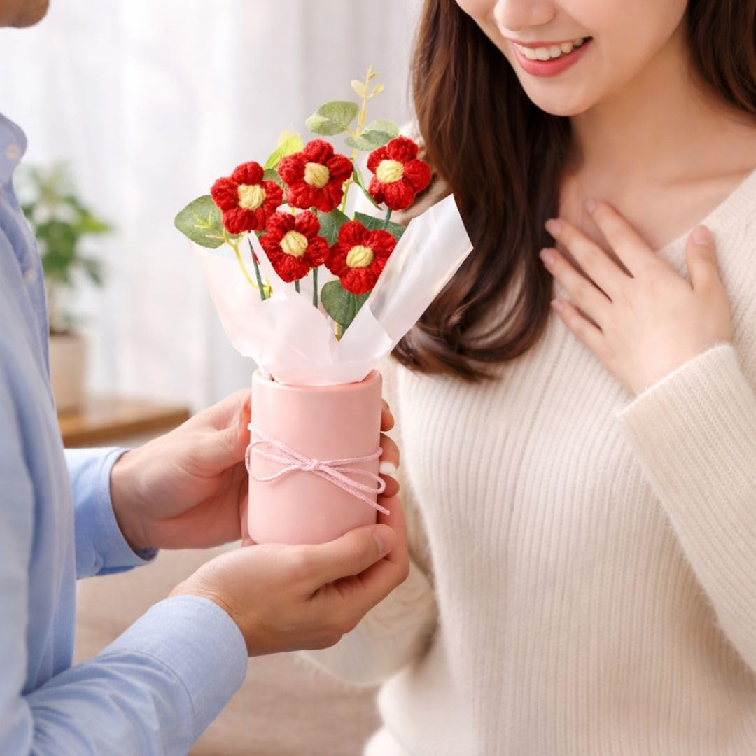 UCRAVO Crochet Flower Bouquet Handmade Knitted Artificial Flowers Cute Yarn Flower Mini Bouquet Gift Box,Aesthetic Romantic Gift for Girlfriend Wife Mom,Forever Flower Decoration for Desk Home Office