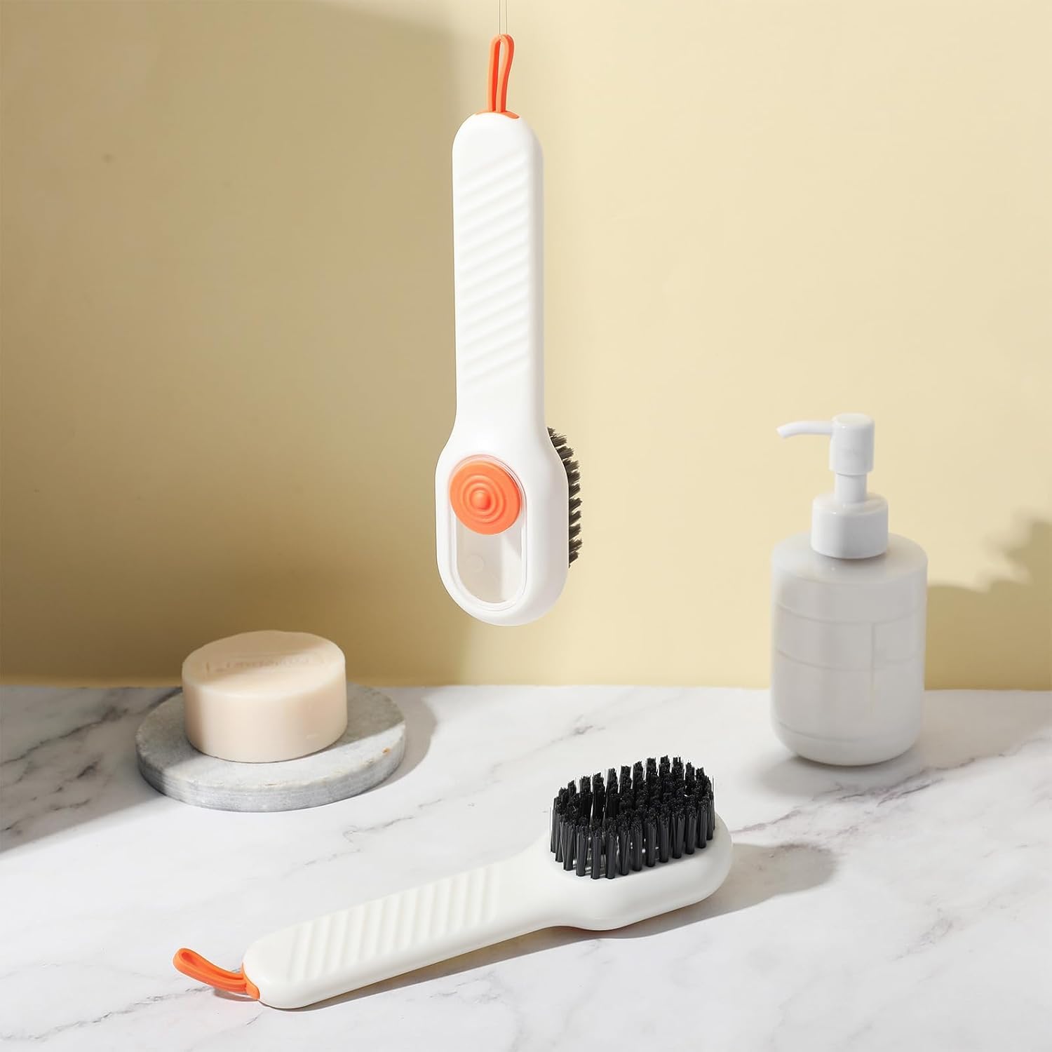 UCRAVO 2 Pieces Sneaker Cleaning Brush with Refillable Soap Dispenser | Professional Shoe Scrubber for White Canvas, Sports Shoes & Boots | Multi Surface Bathroom, Tile & Kitchen Cleaning Tool