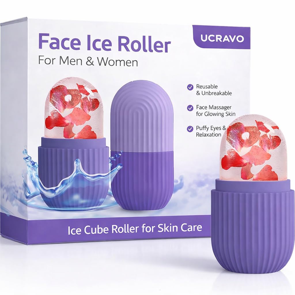 UCRAVO 2 PCS Reusable Ice Roller for Face Silicone Ice Face Mold Capsule | Skin Tightening Facial Ice Cube Roller for Puffiness, Acne, Dark Circles, & Pores | Cryotherapy Beauty Tool for Women & Men
