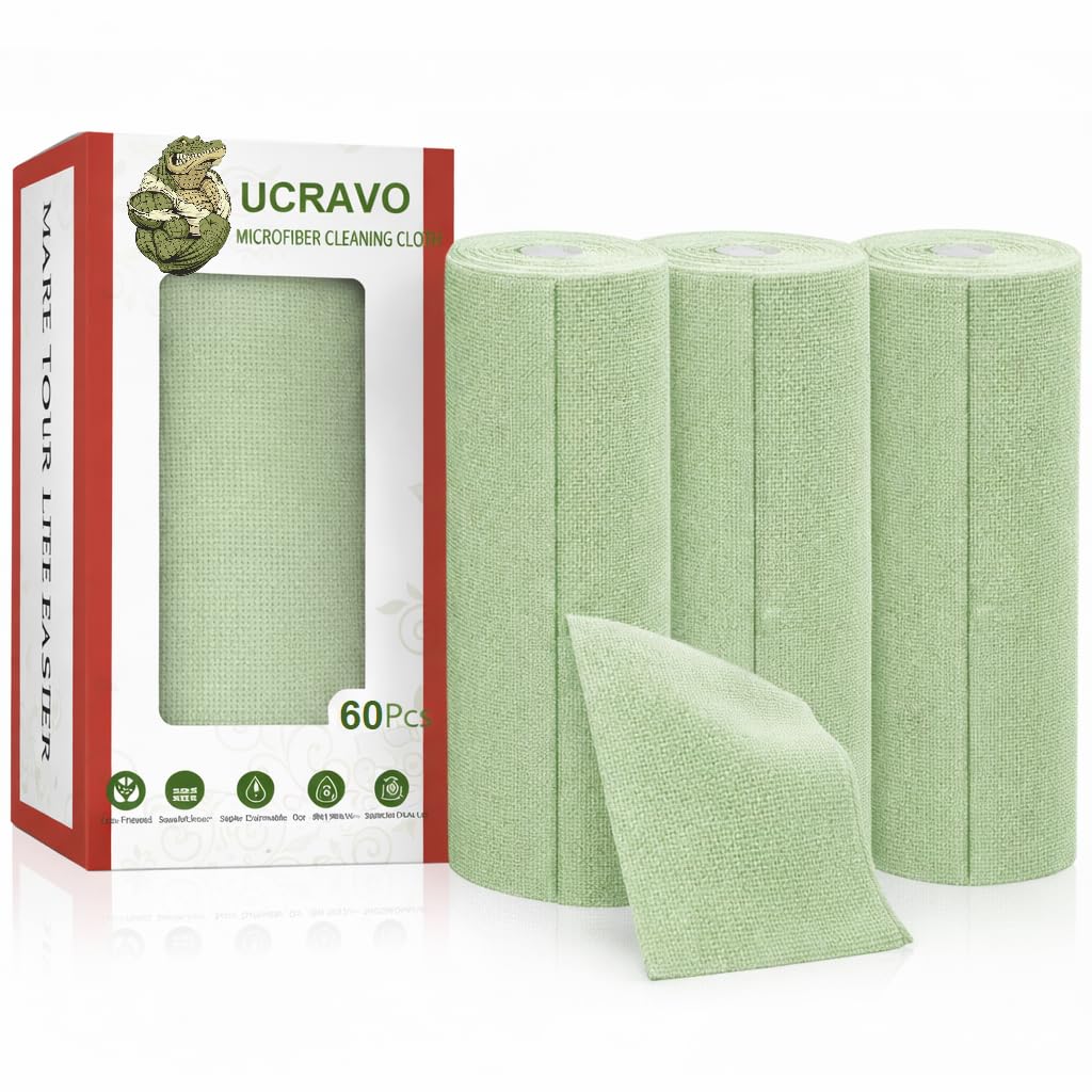 UCRAVO 3 Roll 60pcs Pastel Green Microfiber Cleaning Cloth Roll - Reusable Kitchen Towel Roll | Micro Fiber Cloth for Car Cleaning & Home | High Absorbent Kitchen Cloth for Cleaning Lint Free Wipes