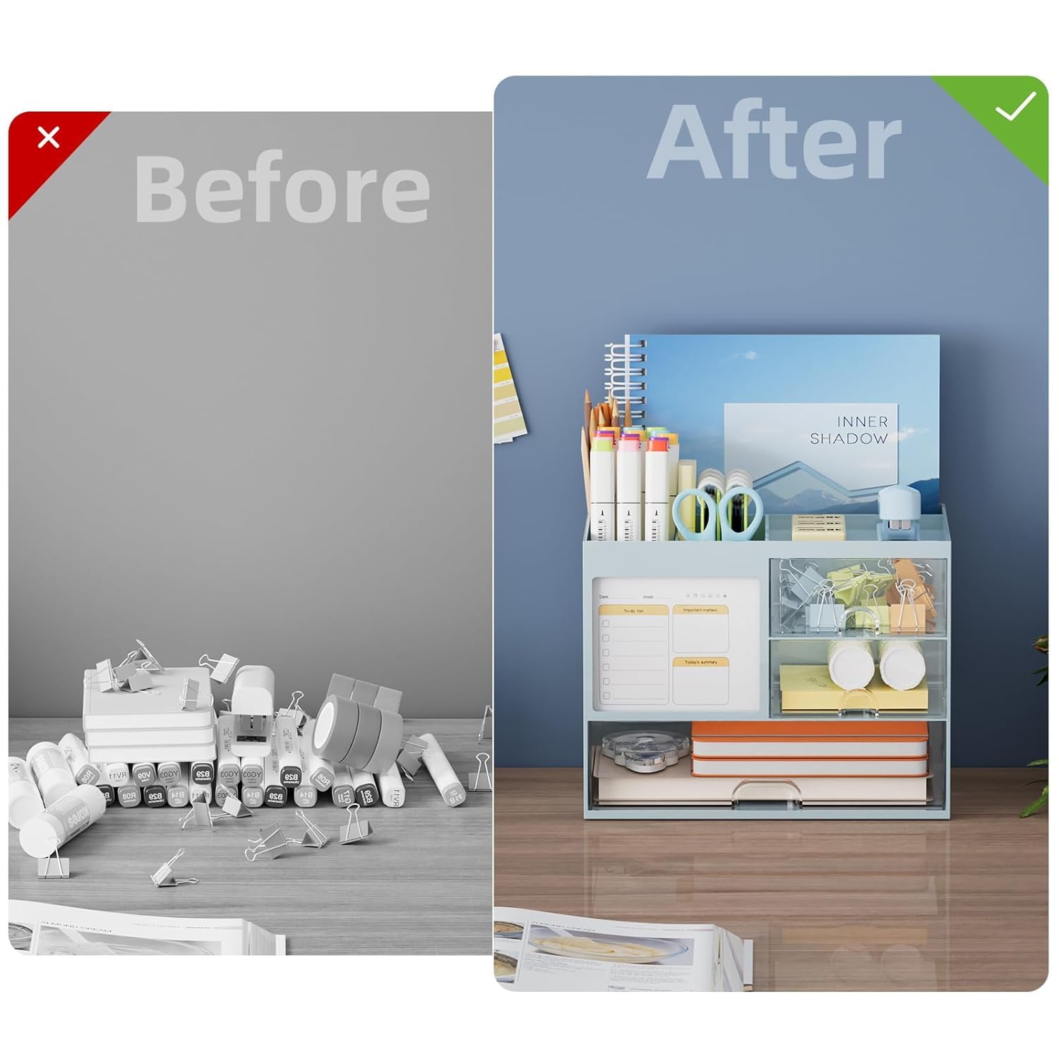 UCRAVO Blue Aesthetic Desk Organizer and Storage with 3 Clear Drawers Multi-Functional Large Capacity Pencil Pen Holder | Cute Desktop Organizer with 8 Compartments for Office, Home, and Art Supplies