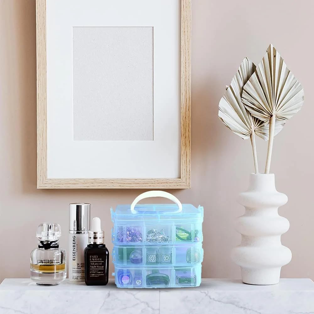 UCRAVO 1 PCS organizer storage box, 18 Grid Square Storage Box, toy organisers storage box, transparent box, 3-layer Jewelry Accessories Toy Finishing Box, Multi-purpose Storage Container(BLUE)
