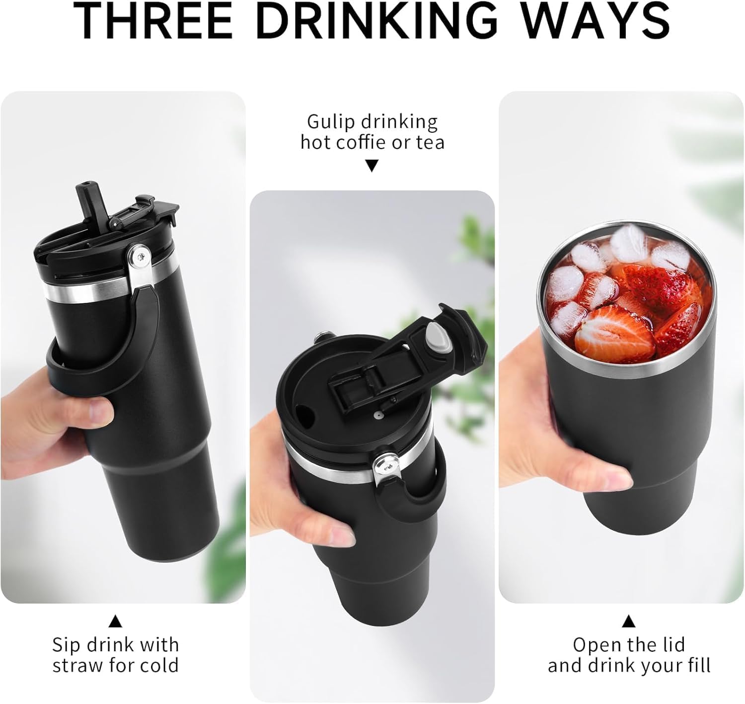 UCRAVO 900 ML Tumbler with Handle and Straw Lid Double Insulated Cup, vacuume Insulated Stainless Steel Tumblers for Hot & Cold Drink 100% Leakproof Tumbler with Handle for Gym,Travel (Black)