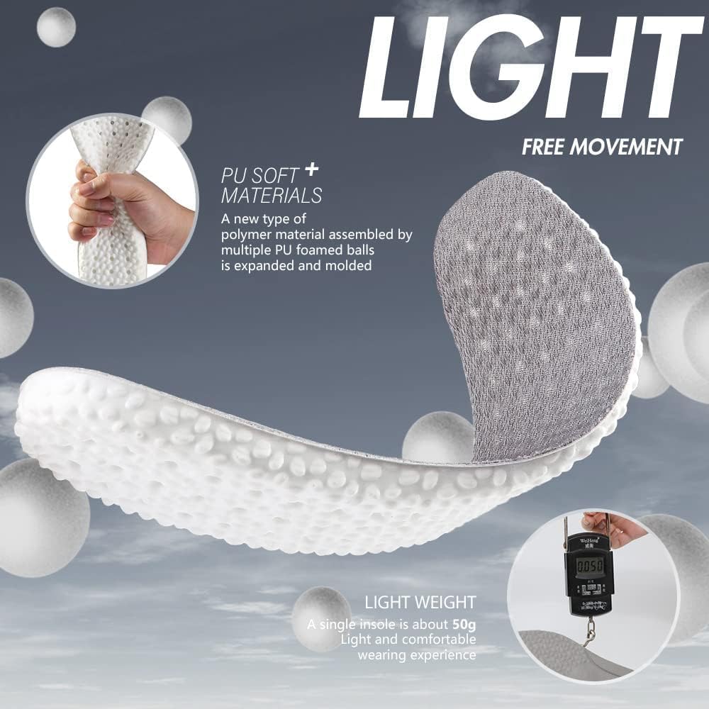 UCRAVO Memory Foam Shoe Insoles for Men & Women Soft Cushion Shock Absorbing Height Increasing Sports Breathable Orthopedic Arch Support Inserts Cuttable Comfort Pads for Running,Walking, Daily Shoes