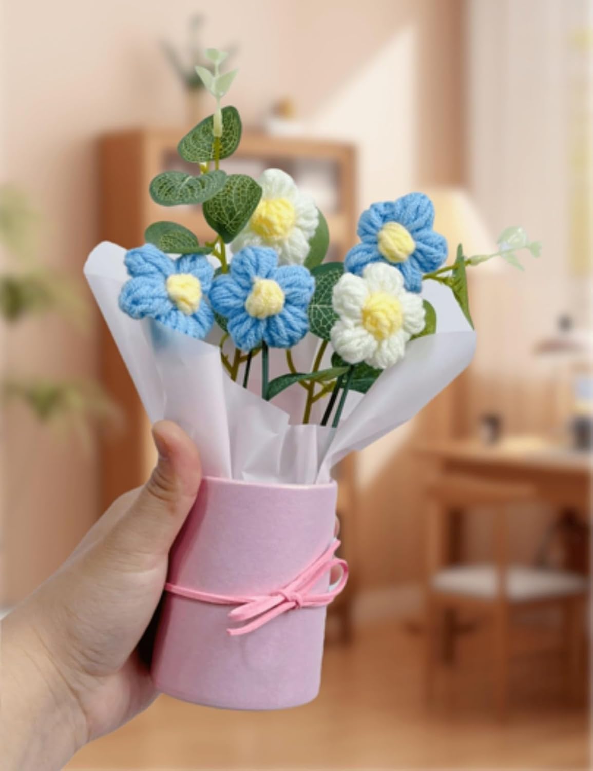 UCRAVO Artificial Crochet Flower Bouquet Blue Daisy Handmade Knitted Flower Bunch with Pot, Cute Mini Flower Arrangement for Desk Decor, Home Decoration, Romantic Gift for Girls, Women, Birthday Gift