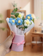 UCRAVO Artificial Crochet Flower Bouquet Blue Daisy Handmade Knitted Flower Bunch with Pot, Cute Mini Flower Arrangement for Desk Decor, Home Decoration, Romantic Gift for Girls, Women, Birthday Gift