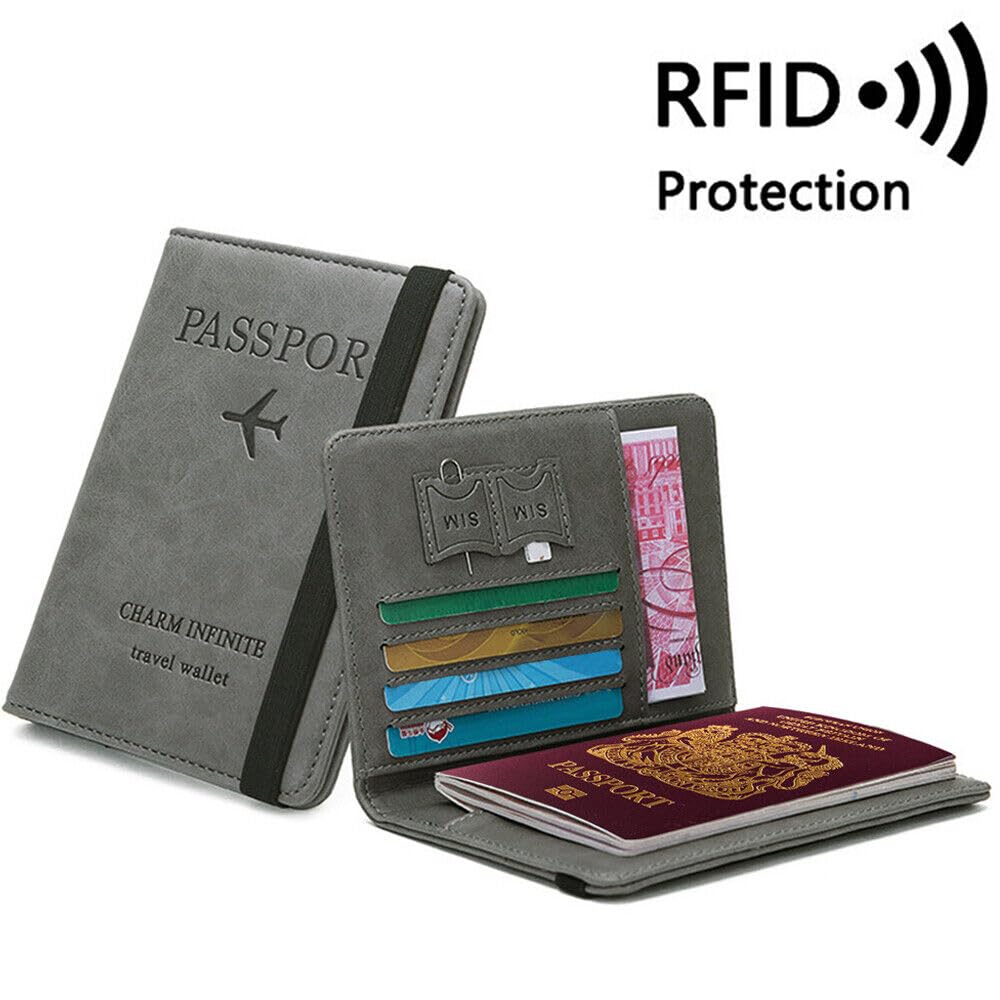 UCRAVO Passport and Card Holder Cover, PU Leather Travel Wallet RFID Passport Holder for Women and Men, Exquisite RFID Blocking Wallet Elastic Strap, Portable Passport Case for Business, Travel(Gray)