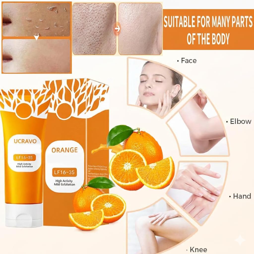 UCRAVO Orange Whitening Exfoliating Brightening Gel Vitamin C Dead Skin Removal Gels | Tan Removal Face & Body Exfoliator | Dark Spot Pigmentation Removal | Mild Peeling Gel for Glowing Skin Men Women