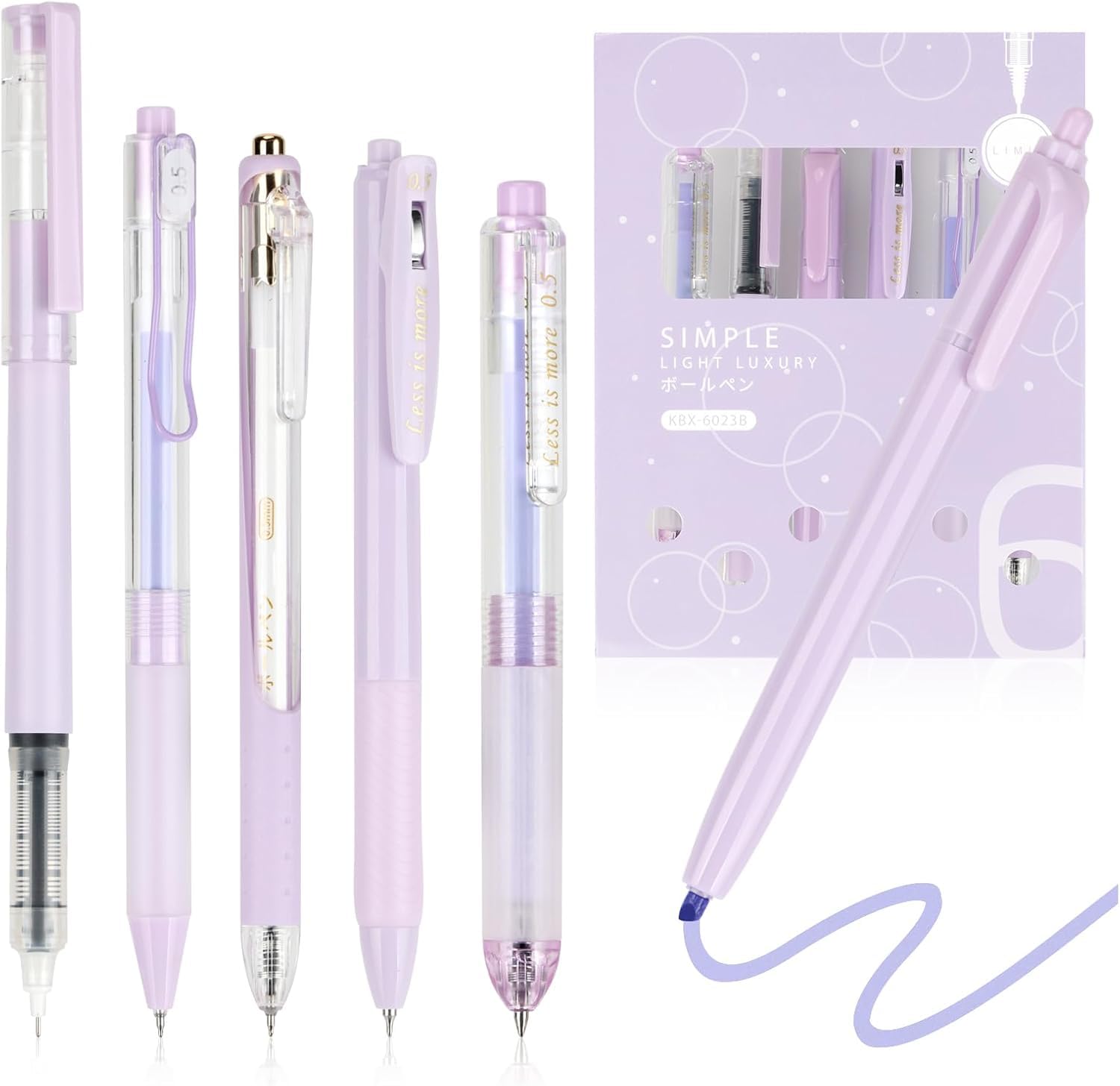 UCRAVO 5 Pcs Gel Pens and 1Pc Highlighter, Quick Dry Blue Ink Pen Fine Point Black 0.5mm, Aesthetic Stuff Retractable Rolling Ball Pen Smooth Writing for School Supplies Journaling (Purple)