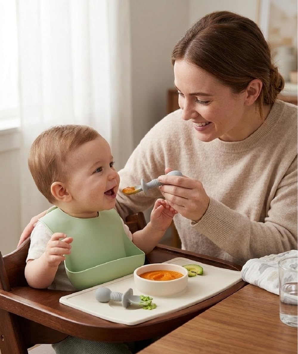 UCRAVO Silicone Baby Spoon Fork Set for Self Feeding | BPA Free Baby Training Utensils | Anti Choke Guard Baby Feeding Spoon & Fork | Baby Led Weaning Utensils for Infants Toddlers Kids (Grey)