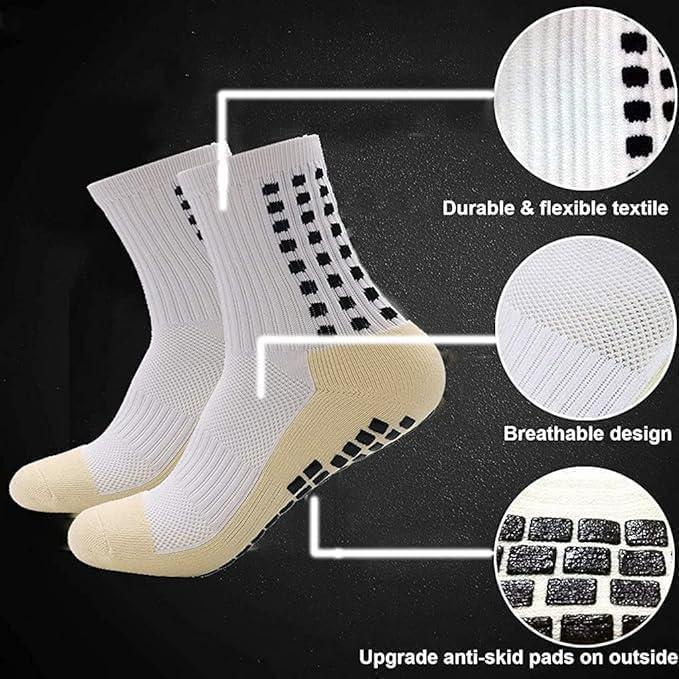UCRAVO 2 Pair Hi-Tech Performance Grip Socks for Men & Women | Anti-Slip Rubber Grip Crew Length Footballer Socks, Thick Cushion Sports Socks for Running, Gym Training & Athletic Fitness