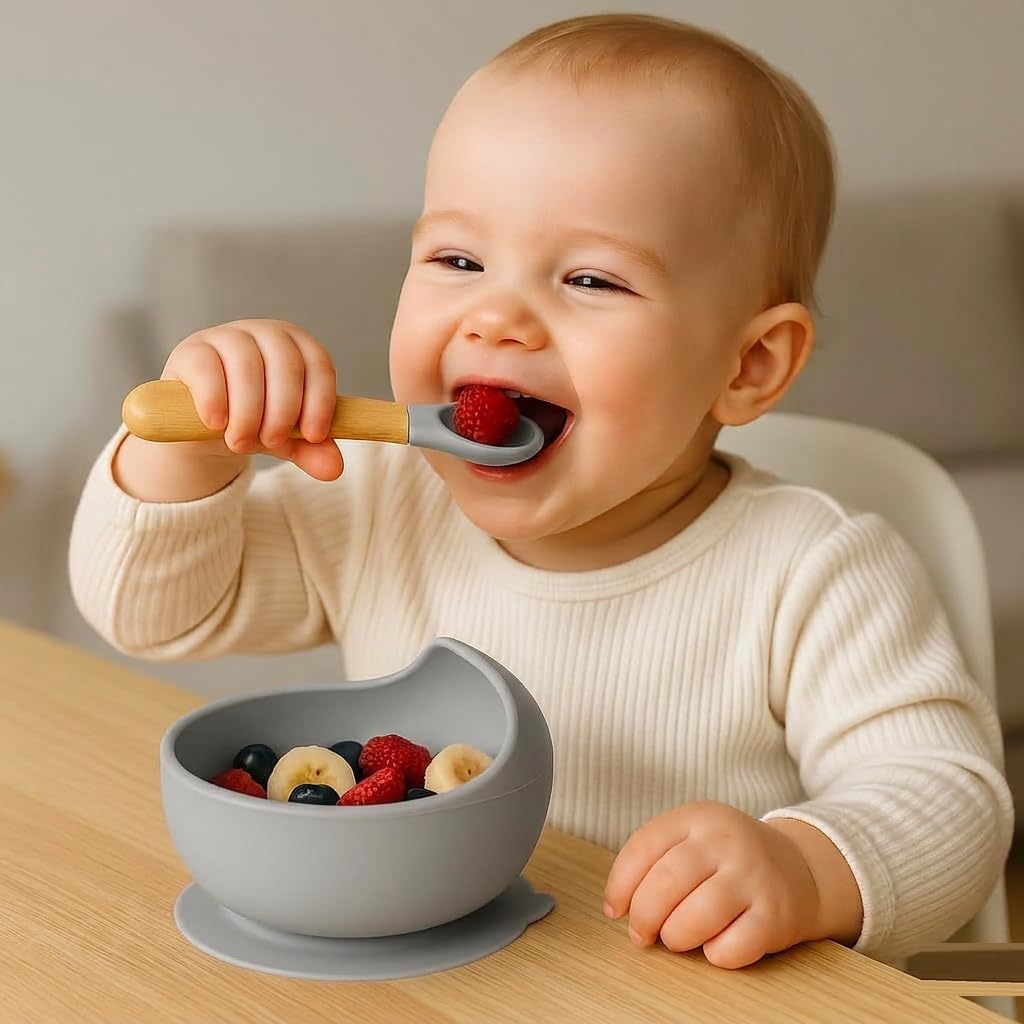 UCRAVO Grey Silicone Baby Feeding Bowl & Spoon Set with Strong Suction Base BPA Free Food Grade Baby Bowl for Toddler | Self Feeding Baby Led Weaning Essentials | Infant Silicone Bowl with Soft Spoon