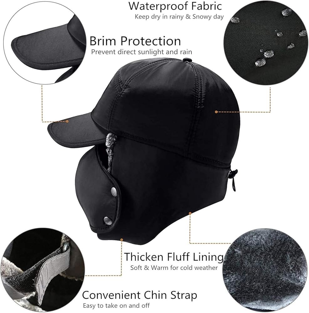 UCRAVO Winter Trapper Hat for Men - Warm Thermal Fur Bomber Hats | Insulated Baseball Cap with Ear Flap & Face Cover | Windproof Waterproof Winter Cap for Skiing, Hiking, Hunting & Extreme Cold Black