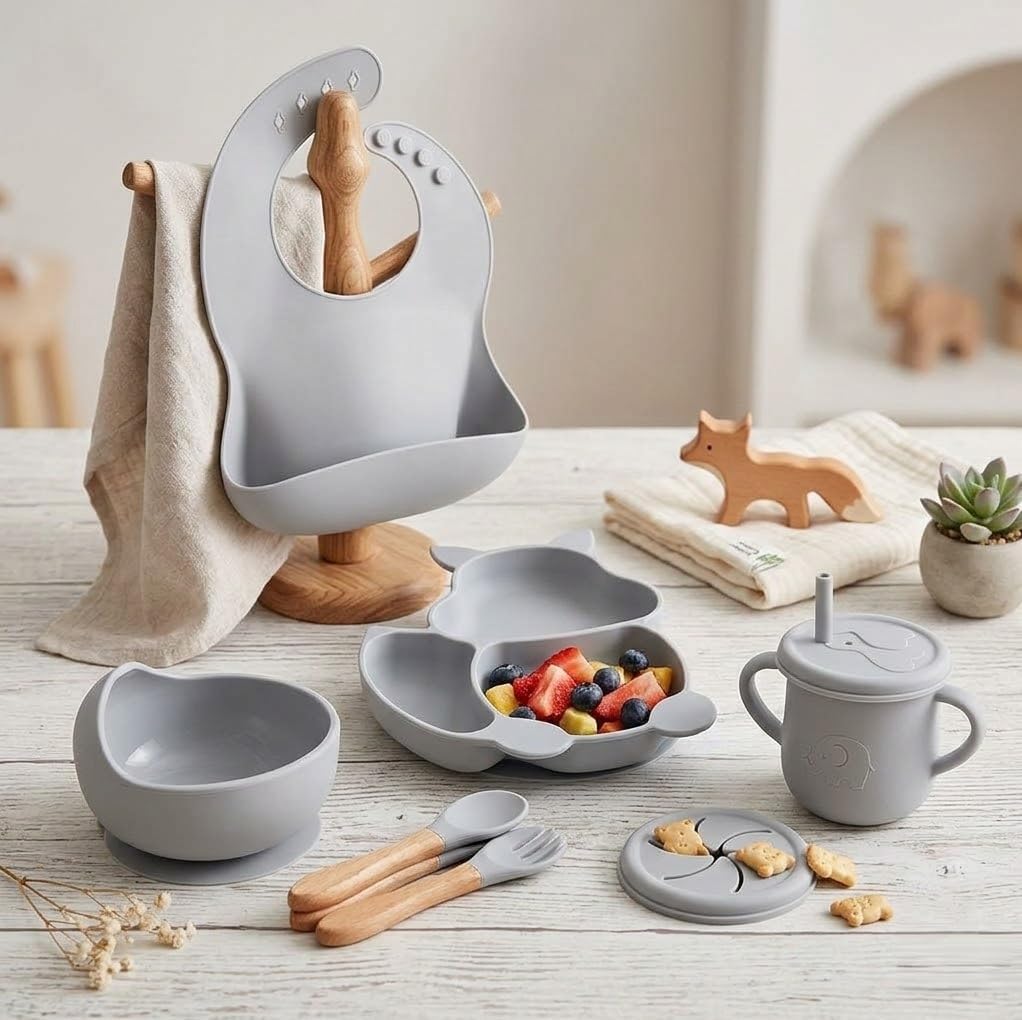 UCRAVO Grey Silicone Baby Feeding Set 6PCS Toddler Dinnerware Set with Strong Suction Bowl & Divided Plate, Adjustable Waterproof Bib with Food Catcher, Spill Proof Straw Sippy Cup, Baby Spoon & Fork