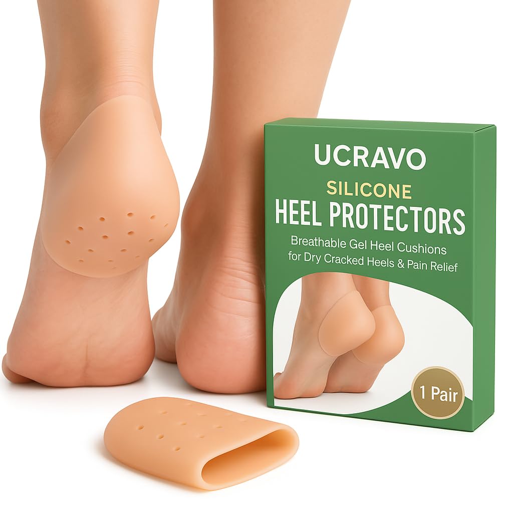 UCRAVO Silicone Heel Protectors, 1 Pair Gel Heel Cushions for Dry Cracked Heels, Plantar Fasciitis & Pain Relief, Breathable Reusable Moisturizing Heel Sleeves for Men & Women for Foot Care