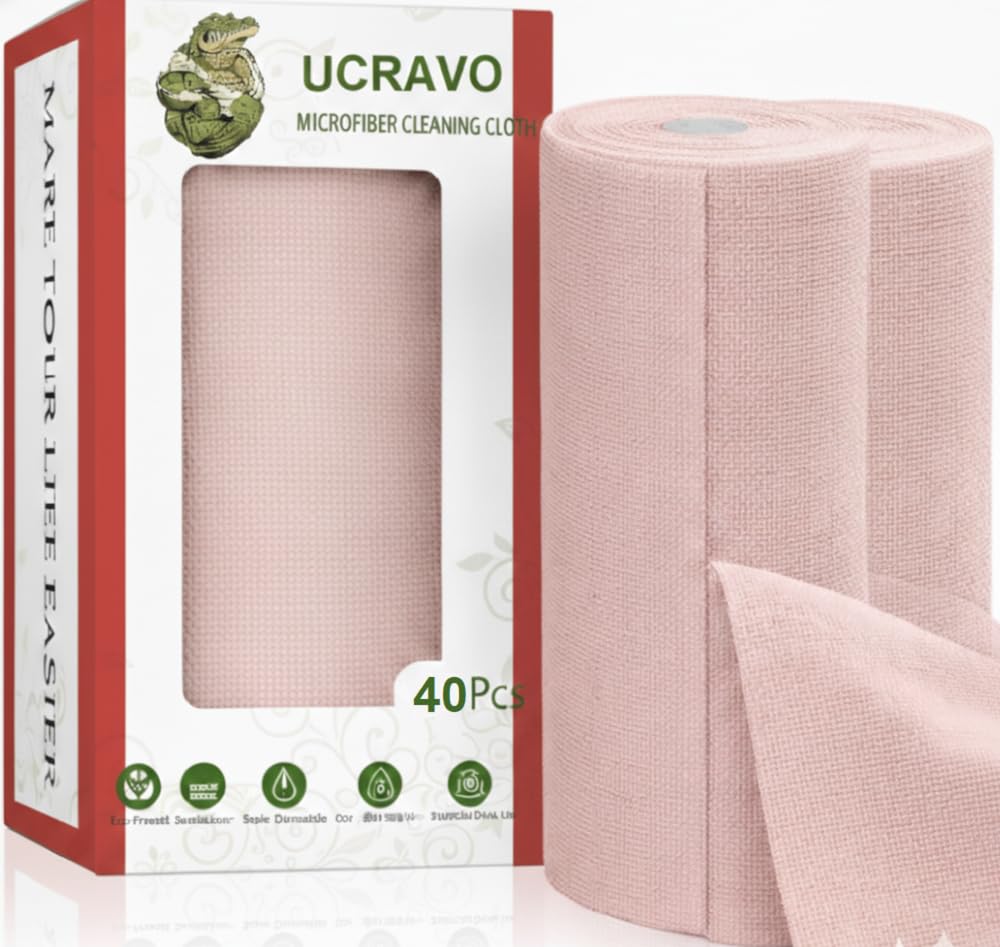 UCRAVO 2 Roll 40Pcs Microfiber Cleaning Cloth Roll - 8000 Times Washable | Ultra Absorbent Lint Free Micro Fiber Kitchen Towel Roll | Reusable Multi-Surface Cleaning Cloth for Home Office & Kitchen
