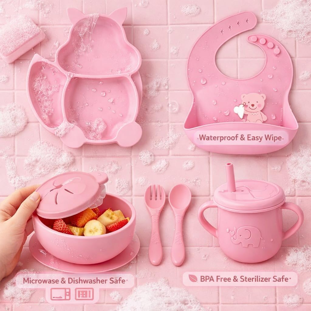 UCRAVO Pink Silicone Baby Feeding Set for Baby Girls 6 PS Baby Led Weaning Kit with Bowl & Animal Shape Divided Plate,Adjustable Food Catcher Bib,Leak Proof Straw Sippy Cup,Soft Silicone Spoon & Fork