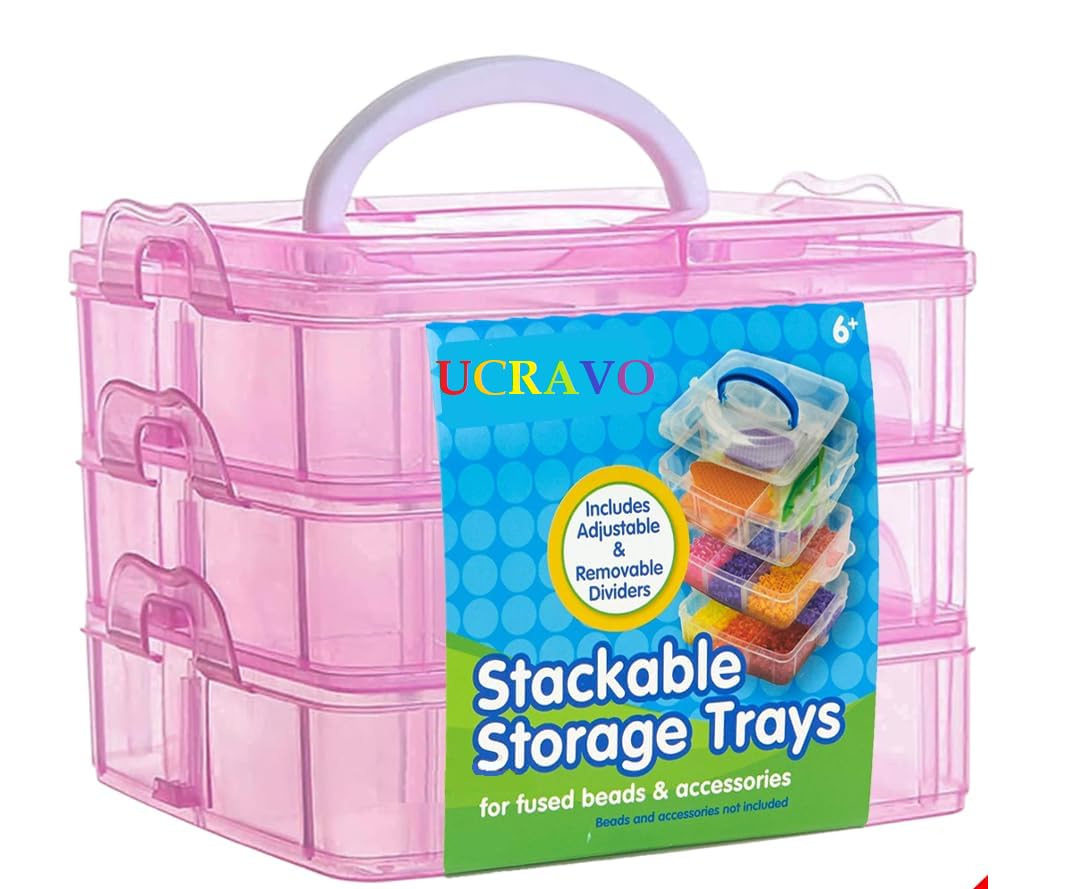 UCRAVO 1 PCS Plastic 3-Layer Jewelry Organizer Box with 18 Adjustable Dividers, Clear Transparent Storage Box with Collapsible & Removable Dividers, Stackable Toy Organizer Storage Case (PINK)