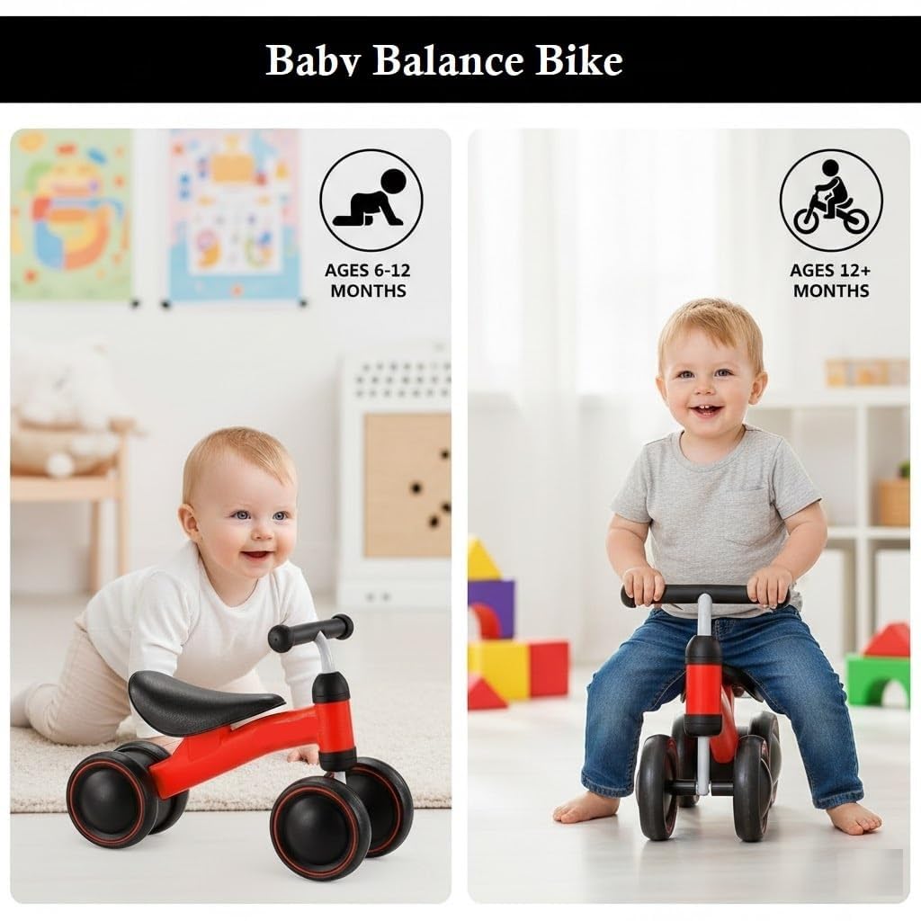 UCRAVO Baby Balance Bike for 1-2 Year Old Toddlers 4 Wheel Stable Ride-On Toy for Boys & Girls Indoor Outdoor ToddlerFirst Bike Lightweight Safe Training Bicycle with Comfortable Seat & Easy Steering