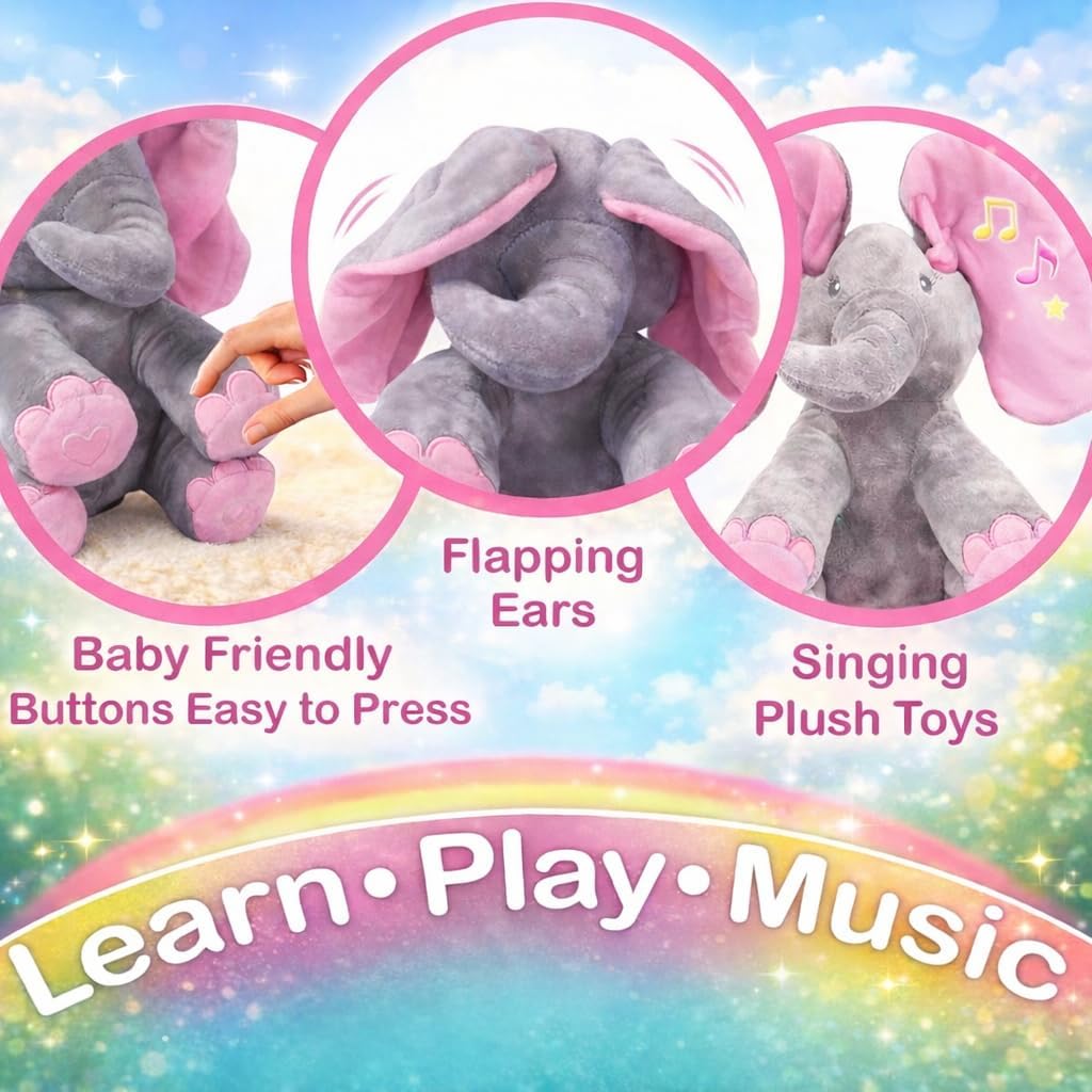 UCRAVO Singing Interactive Musical Elephant Plush Toy Peek A Boo Animal with Moving Ears,Talking Singing Baby Elephant Soft Cuddle Toy for Toddler Kid Boys Girls, Sensory Educational Gift for Infants