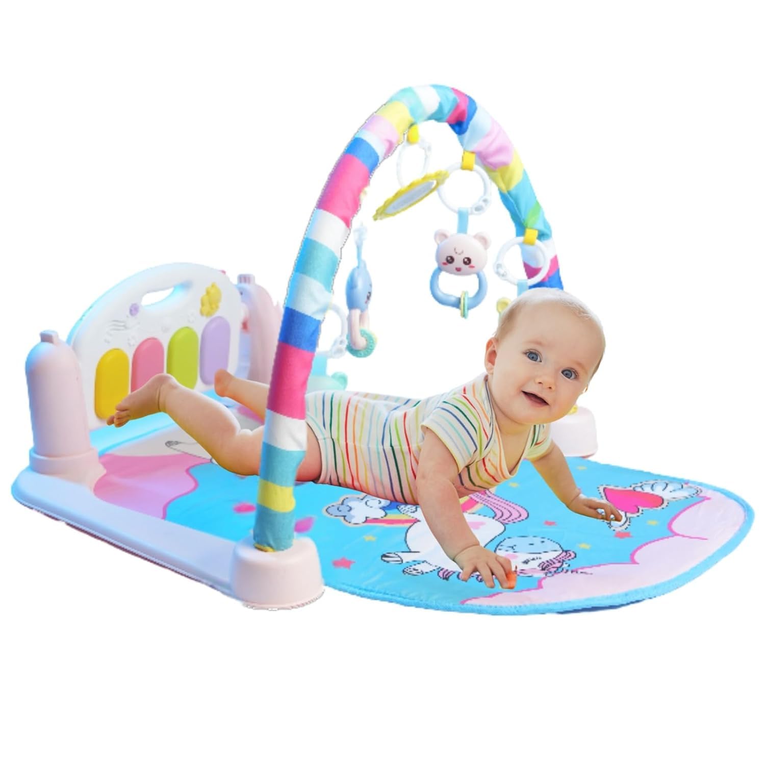 UCRAVO Baby Gym Play Mat with Hanging Toys Soft Tummy Time Activity Gym for Newborns/Infants Early Development Playmat with Music/Lights Musical Piano Keyboard Baby Shower Gift 6-Month Piano Warranty
