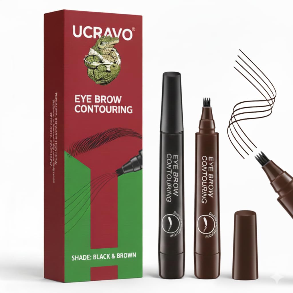 UCRAVO Eyebrow Pen Set Black & Brown 4 Tip Microblading Brow Pencil Combo Pack Waterproof Smudge Proof Long Lasting Eyebrow Marker for Natural Hair Like Brows,Thin Sparse Eyebrows & Professional Look