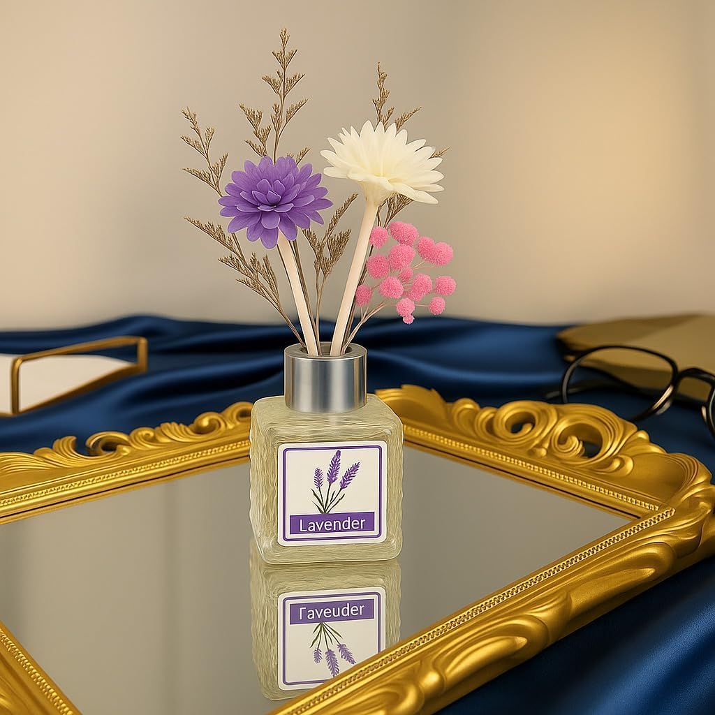 UCRAVO Lavender Reed Diffuser Set for Home & Office | Long Lasting Room Freshener with Natural Reed Sticks & Decorative Flower | Aromatherapy Fragrance Oil for Bedroom, Bathroom, Living Room (50 ml)