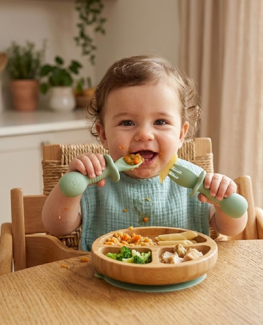 UCRAVO Baby Training Spoon and Fork Set for Self Feeding | BPA Free Silicone Toddler Spoon Fork Set | Soft Tip Baby Feeding Utensils with Anti Choke Guard | Baby Led Weaning Spoon Fork Set for Infants & Toddlers (Green)