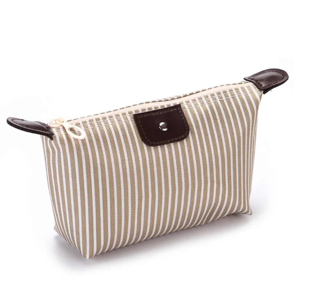 UCRAVO Cream Women Makeup Bags Stripe Purse Zipper Pouch Folding Waterproof Makeup Handbag Beige Stripe Women Girls Makeup Bags Bag Stripes Purse Mini Zipper Pouch Dumpling Folding
