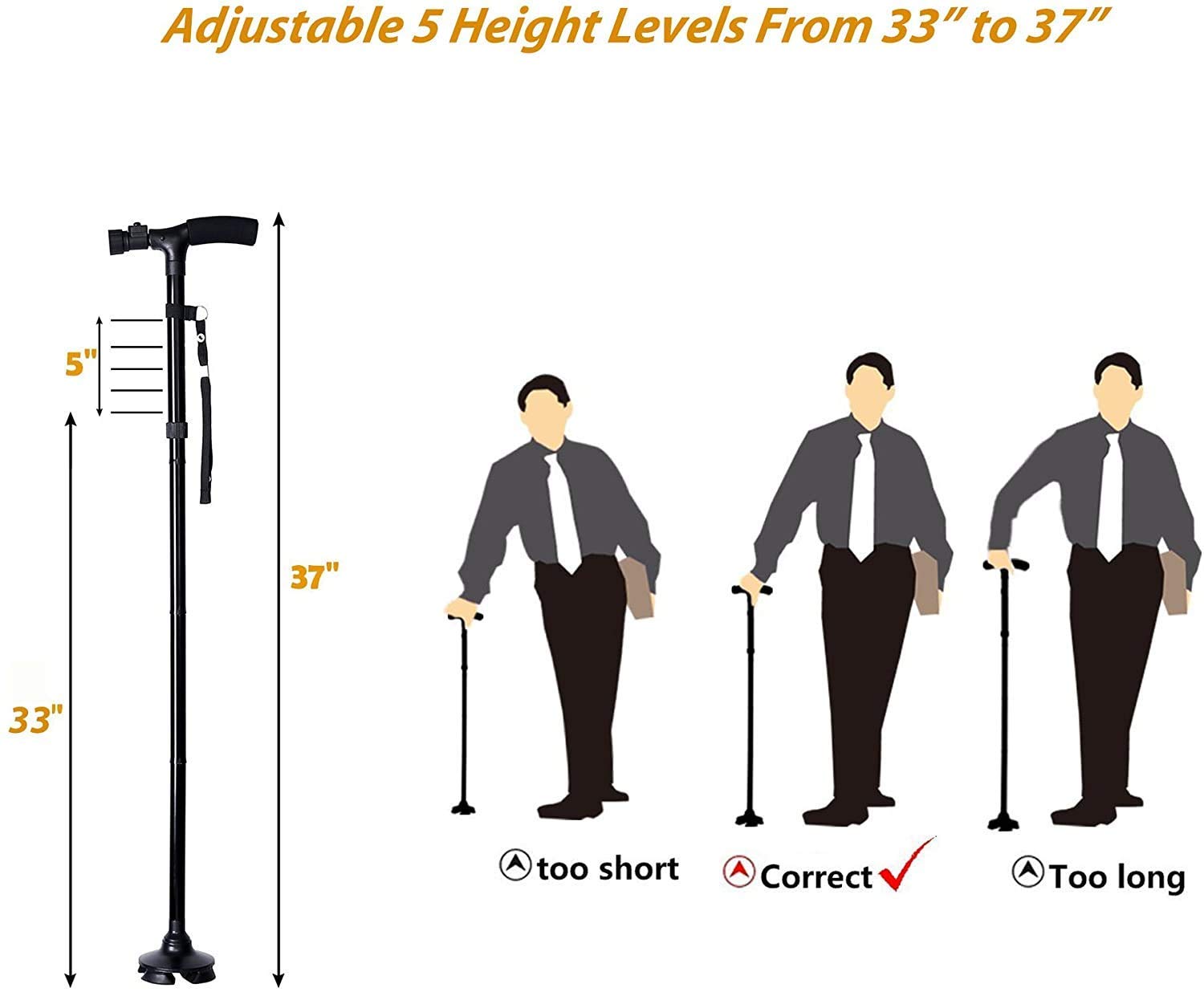 UCRAVO Freedom Edition Foldable Walking Cane with LED Light, Adjustable Height, Quad Cane Tip, Lightweight, Portable, Self Standing Walking Stick for Men & Women