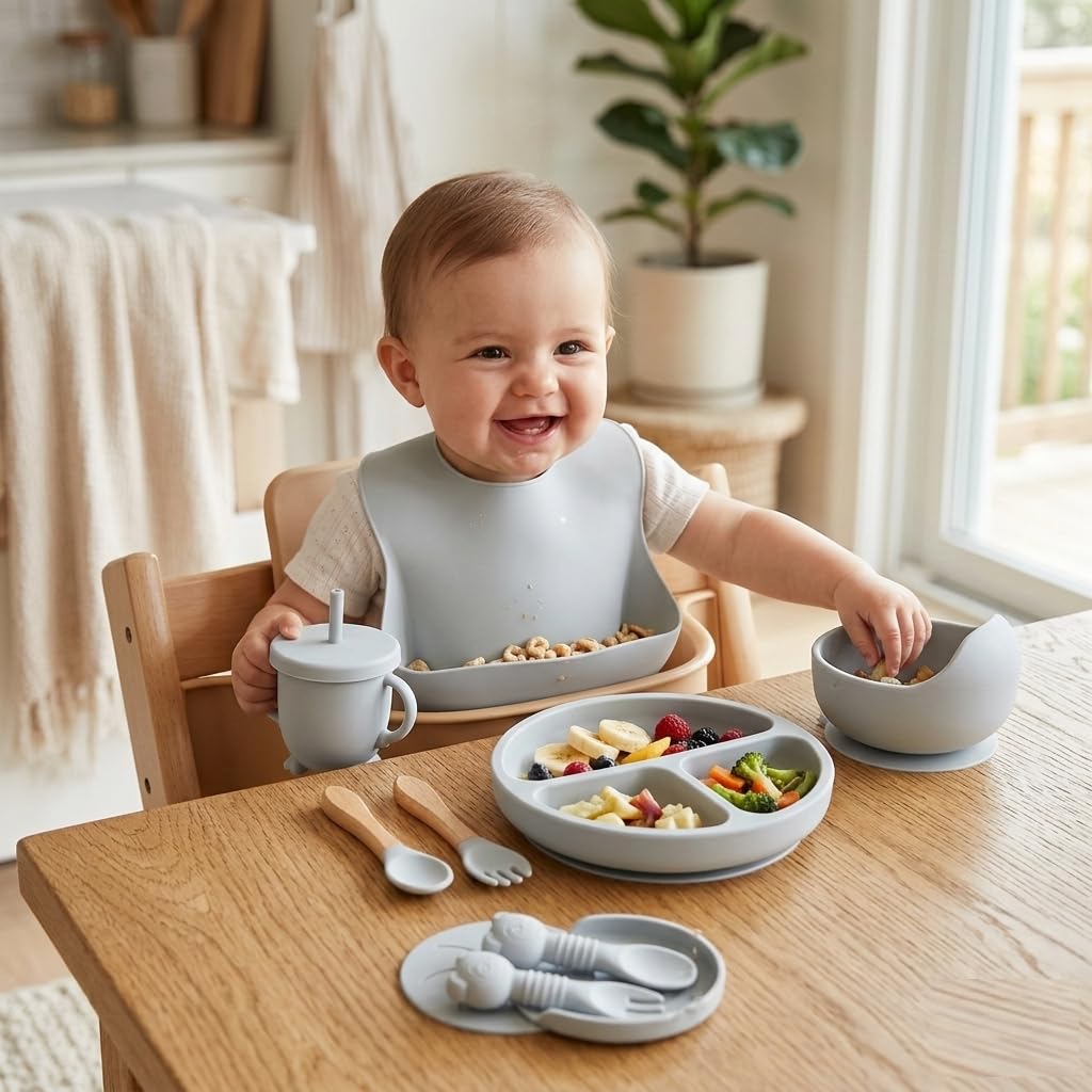 UCRAVO Grey Baby Feeding Set Premium Silicone Baby Led Weaning Set with Adjustable Bib,Divided Suction Plate,Suction Bowl,Baby Training Cup with Straw Lid,Spoon Fork Set,Feeding Essentials Tableware