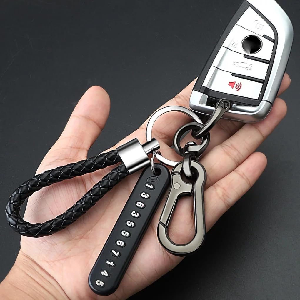 UCRAVO Car Keychain Pendant Number Plate Leather Rope Key Ring Keychain Accessories Fashion Car Accessories Suitable for Car Keychain Anti-Lost Phone Number Plate Braided Rope Pendant Men, Women
