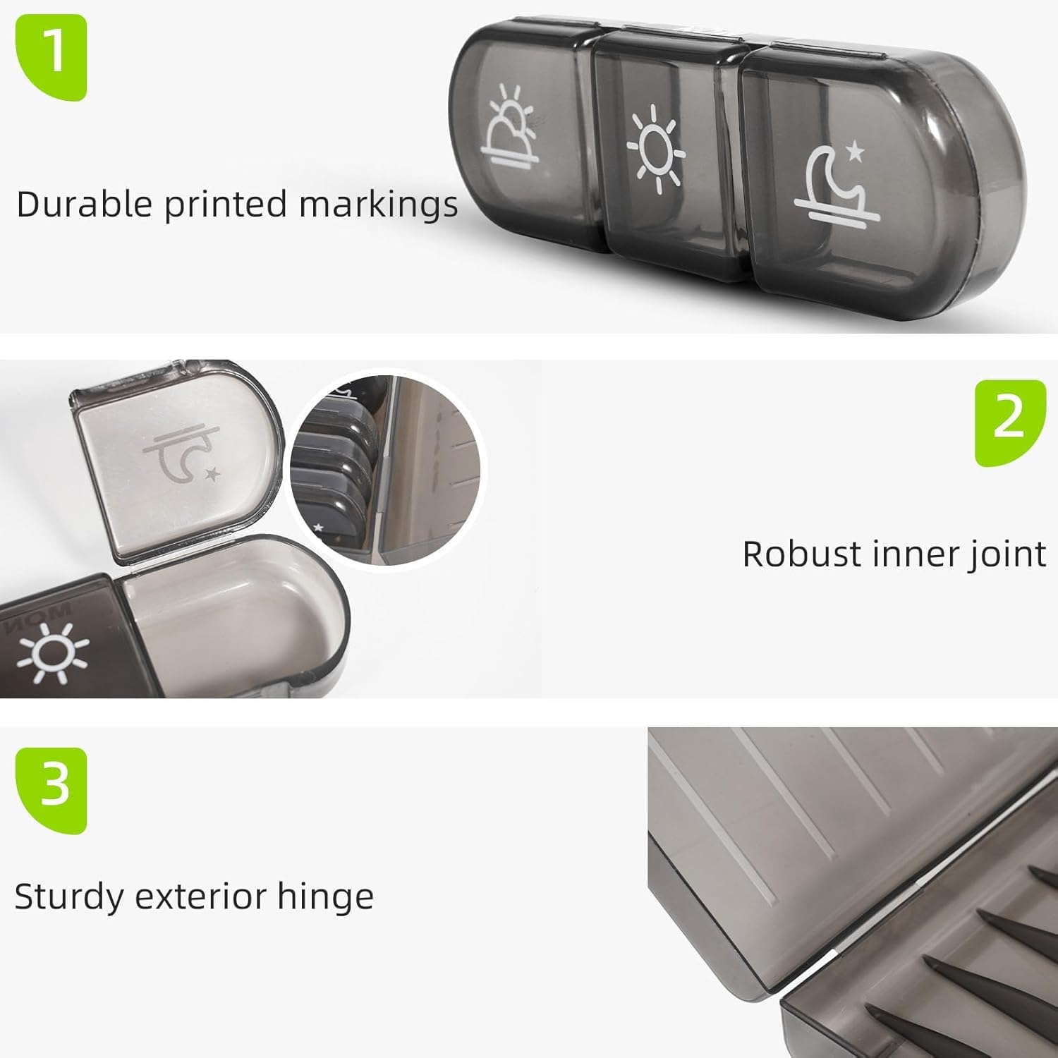 UCRAVO Weekly Pill Organizer 7 Days with AM PM Icons |Removable Daily Pill Boxes | Leak-Proof Medicine Case for Tablets, Vitamins & Supplements | BPA-Free Travel Pill Box for Adults & Seniors (Black)