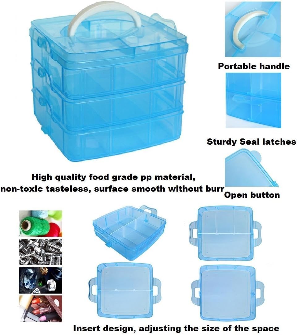 UCRAVO 1 PCS organizer storage box, 18 Grid Square Storage Box, toy organisers storage box, transparent box, 3-layer Jewelry Accessories Toy Finishing Box, Multi-purpose Storage Container(BLUE)