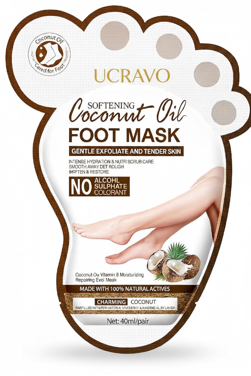 UCRAVO Softening Coconut Oil Foot Mask, Gentle Exfoliate & Hydrate Feet, Nourishing Moisturizing for Dry Rough & Cracked Heels, 2 Pair, No Alcohol Sulphate or Colorant, Deep Repair Spa Kit