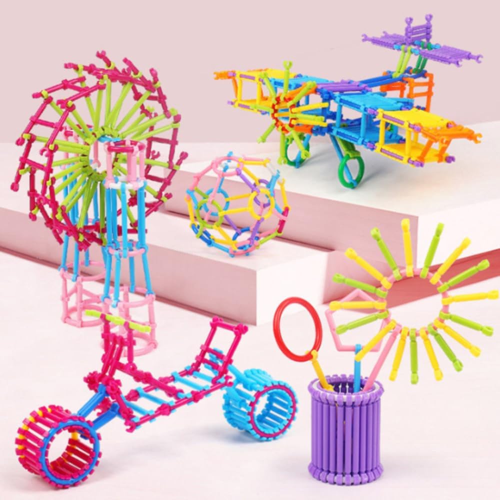 UCRAVO 100 pcs Building Sticks Connect Stick Blocks Creative Educational Toys Plastic Make Different Shapes by Children and Parents Toy Game Set for 3-8 Years Old Kids Boys & Girls-Multi Color