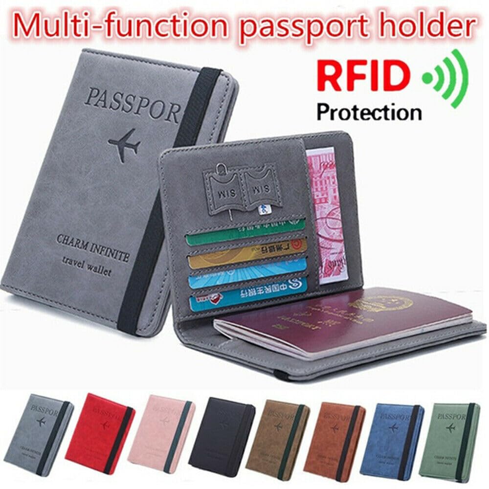 UCRAVO Passport and Card Holder Cover, PU Leather Travel Wallet RFID Passport Holder for Women and Men, Exquisite RFID Blocking Wallet Elastic Strap, Portable Passport Case for Business, Travel(Gray)