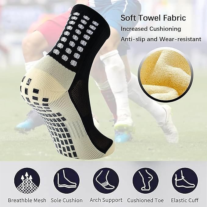 UCRAVO 2 Pair Hi-Tech Performance Grip Socks for Men & Women | Anti-Slip Rubber Grip Crew Length Footballer Socks, Thick Cushion Sports Socks for Running, Gym Training & Athletic Fitness