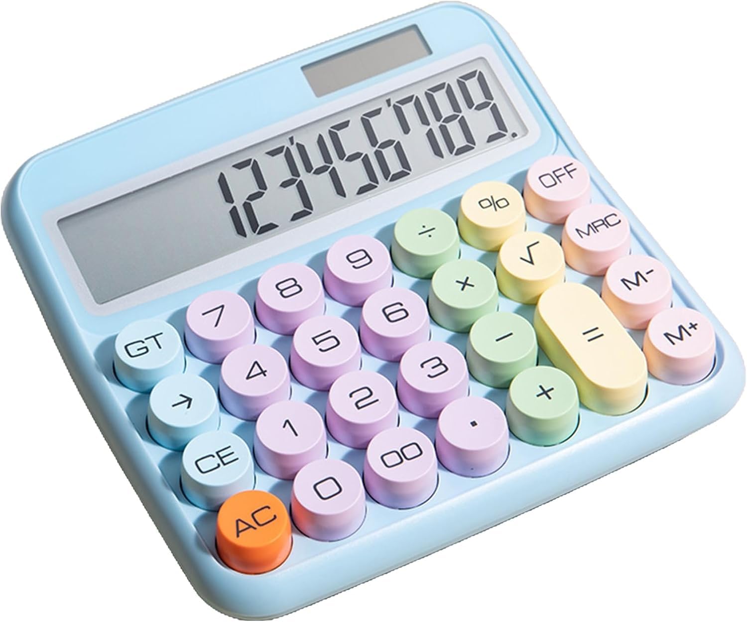 UCRAVO Cute Blue Desktop Calculator, 12-Digit Large LCD Display with Tilt Screen, Pastel Mechanical Round Button, Big Key Adding Machine for Office, School, Business & Aesthetic Desk