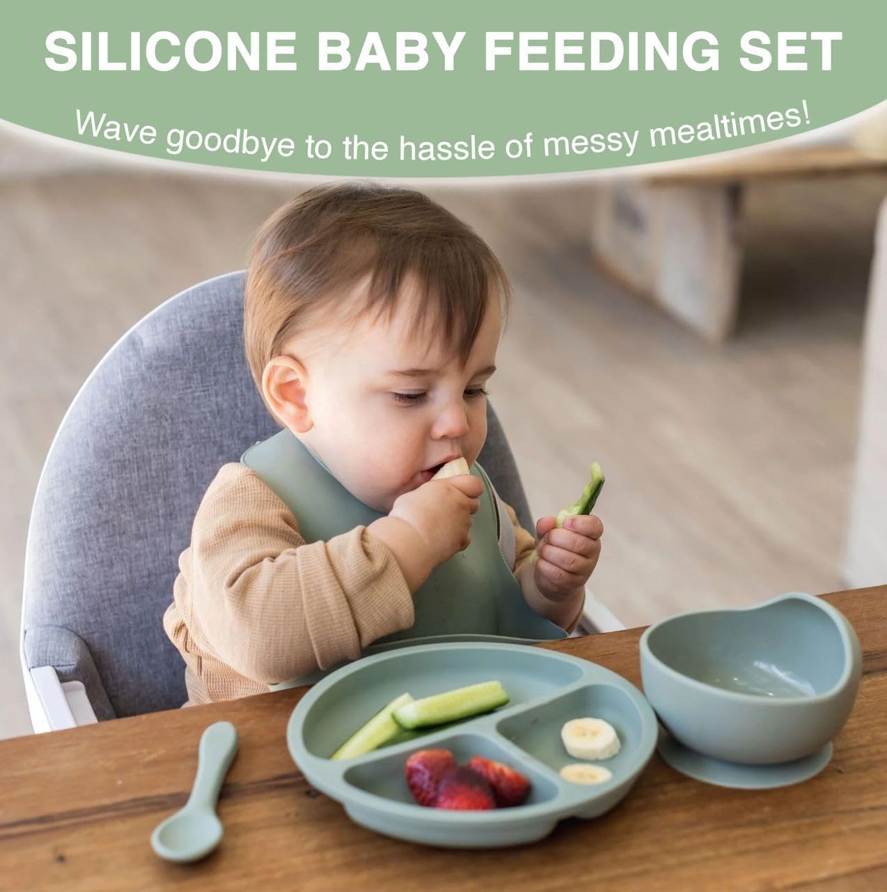 UCRAVO Baby Silicone Feeding Set Green 9PCS Baby Led Weaning Set with Adjustable Silicone Bib, Suction Divided Plate, Suction Bowl, Training Cup with Straw,Spoon Fork Set,BPA Free Toddler Feeding Set
