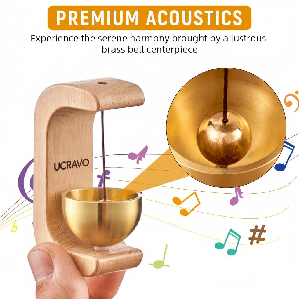 UCRAVO Beech Wooden Door Chime with Brass Bell Magnetic Bell for Home, Shop/Office Loud Clear Sound Shopkeeper Bell,Entry Alert Bell,Wooden Hanging Chime for Main Door,Housewarming Gift-Light Brown