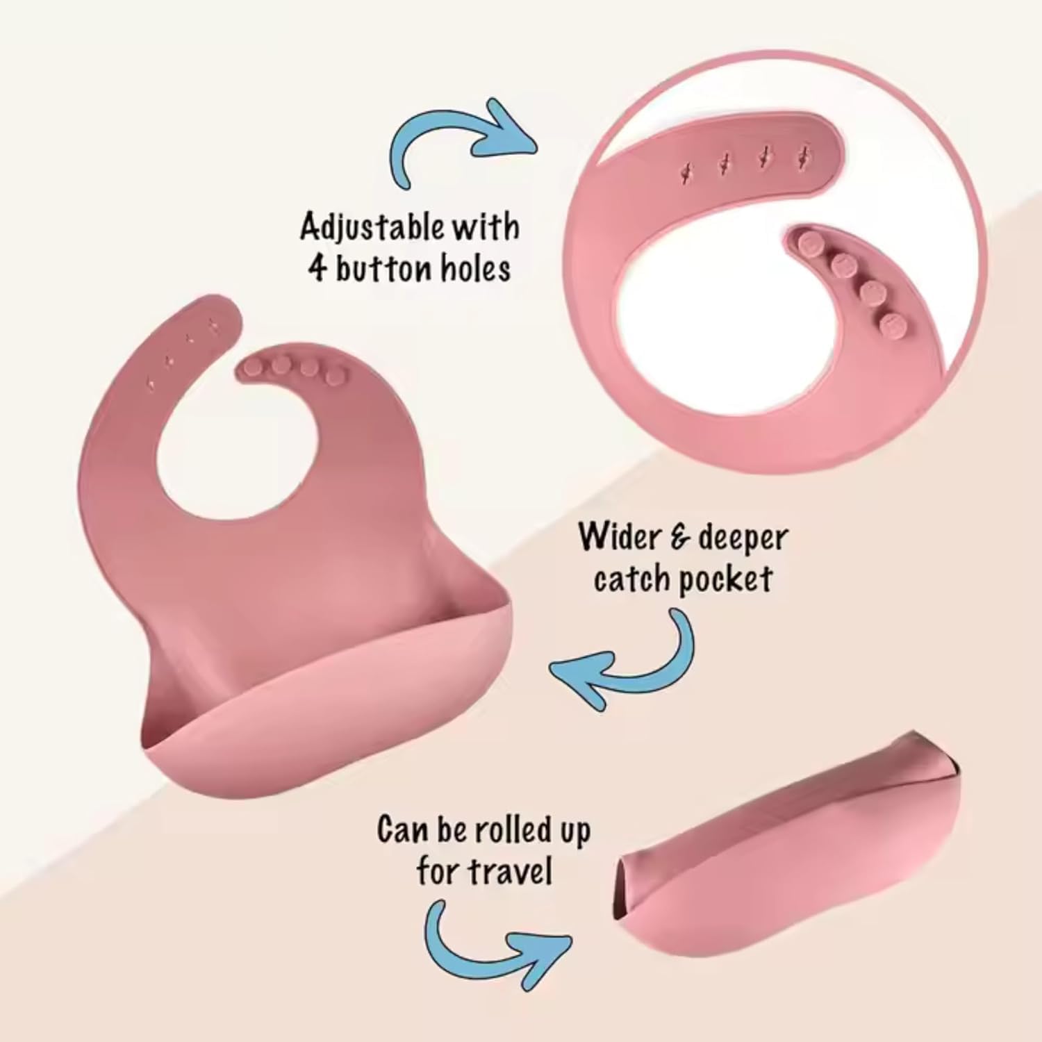 UCRAVO Pink Silicone Baby Feeding Bib with Extra Wide Food Catcher Pocket – 100% Waterproof, BPA-Free & Non-Toxic Soft Toddler Bib – Adjustable Neck Snap Buttons for Infants & Toddlers 6-36 Months